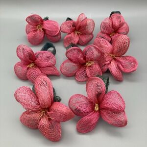 1970's Set of 8 Pink Woven Sinamay Flower Napkin Rings Rustic Boho Table Decor